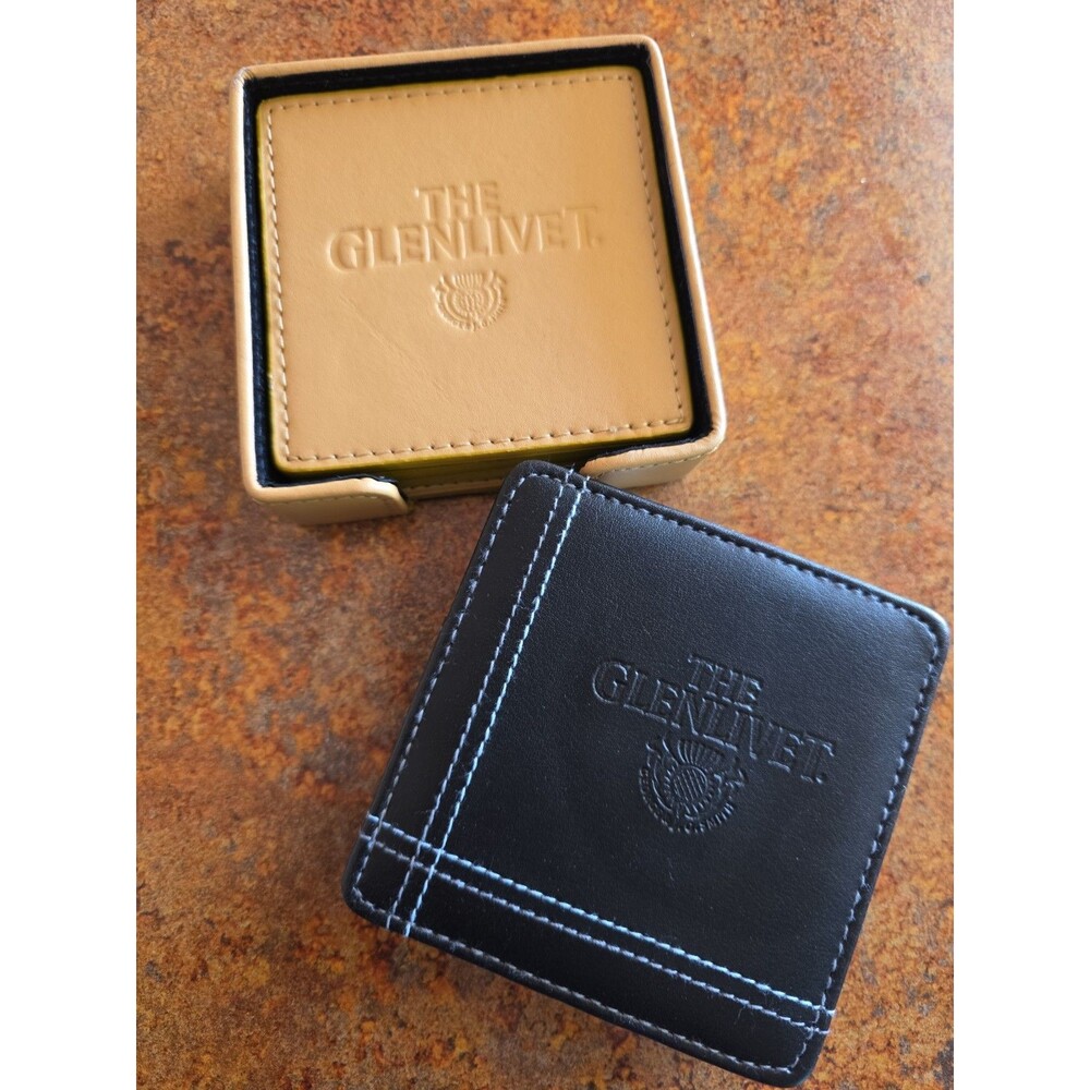 The Glenlivet Coaster 2 Set Lot / 6 Black and 4 Tan w/Holder Bar Wear Drinks